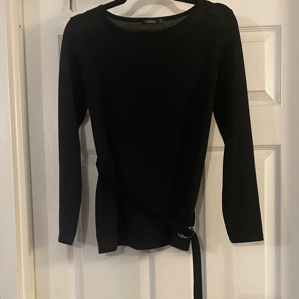 Boohoo Black Belted Long Sleeve Blouse